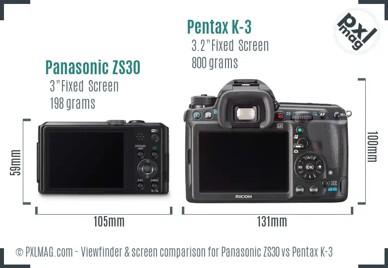 Panasonic ZS30 vs Pentax K-3 Screen and Viewfinder comparison