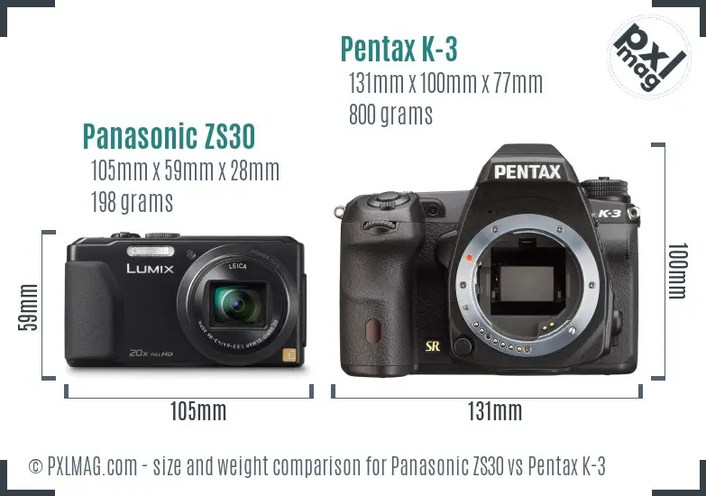Panasonic ZS30 vs Pentax K-3 size comparison