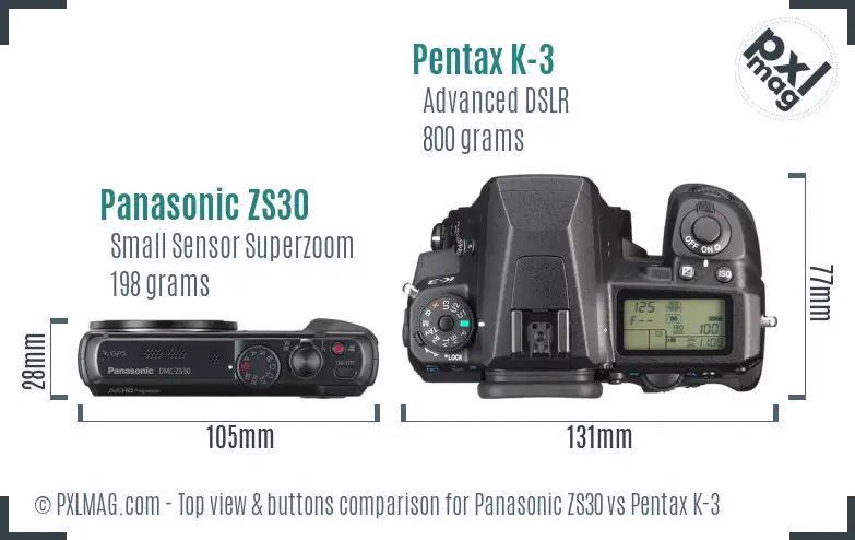 Panasonic ZS30 vs Pentax K-3 top view buttons comparison
