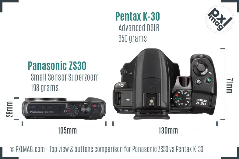 Panasonic ZS30 vs Pentax K-30 top view buttons comparison