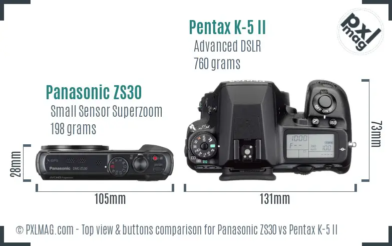 Panasonic ZS30 vs Pentax K-5 II top view buttons comparison