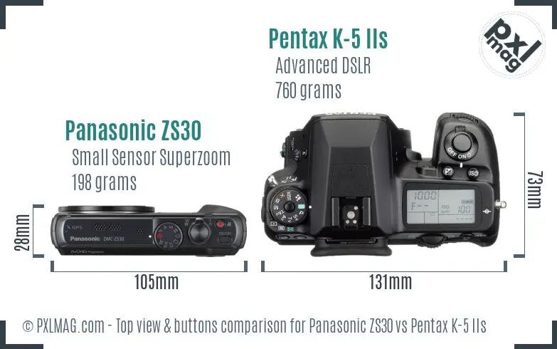 Panasonic ZS30 vs Pentax K-5 IIs top view buttons comparison