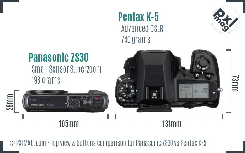 Panasonic ZS30 vs Pentax K-5 top view buttons comparison