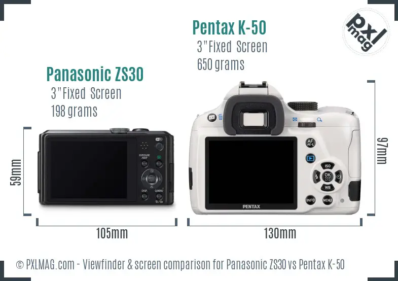 Panasonic ZS30 vs Pentax K-50 Screen and Viewfinder comparison