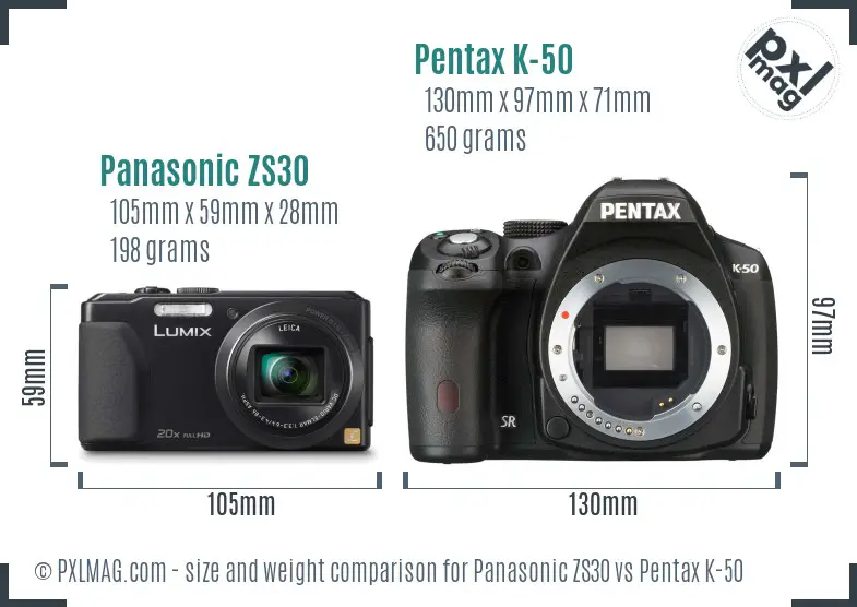 Panasonic ZS30 vs Pentax K-50 size comparison
