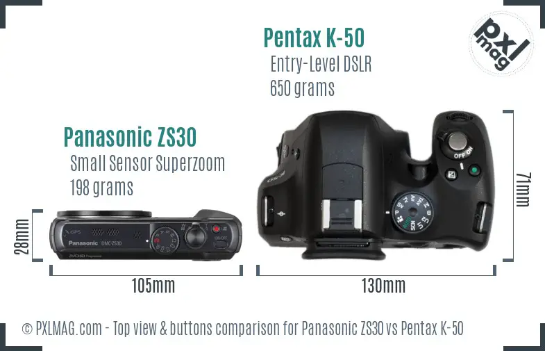Panasonic ZS30 vs Pentax K-50 top view buttons comparison