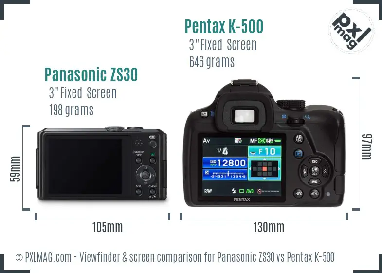 Panasonic ZS30 vs Pentax K-500 Screen and Viewfinder comparison
