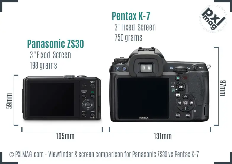 Panasonic ZS30 vs Pentax K-7 Screen and Viewfinder comparison