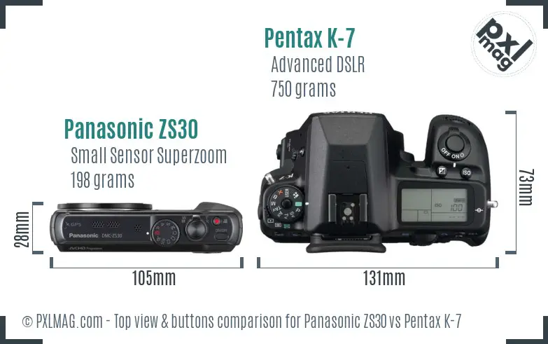 Panasonic ZS30 vs Pentax K-7 top view buttons comparison