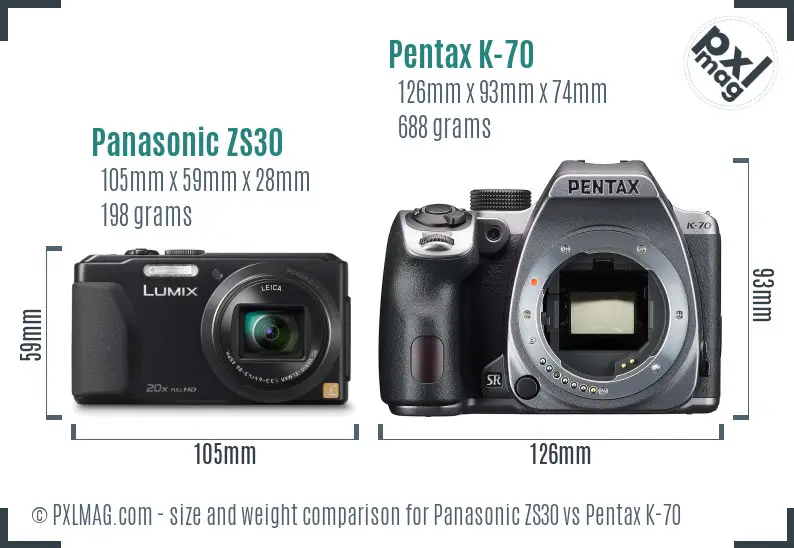 Panasonic ZS30 vs Pentax K-70 size comparison