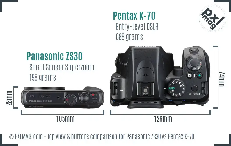 Panasonic ZS30 vs Pentax K-70 top view buttons comparison