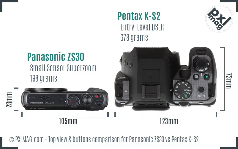 Panasonic ZS30 vs Pentax K-S2 top view buttons comparison