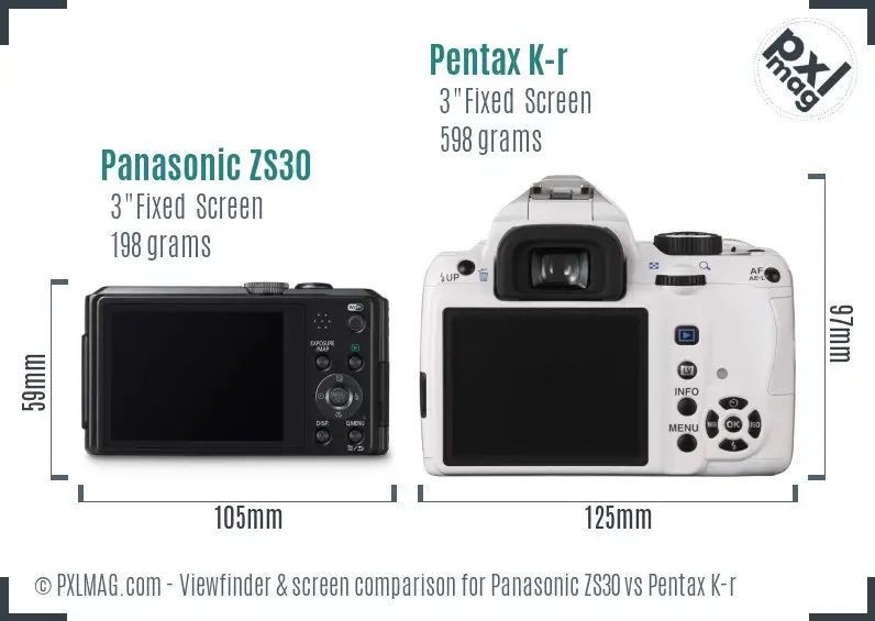 Panasonic ZS30 vs Pentax K-r Screen and Viewfinder comparison
