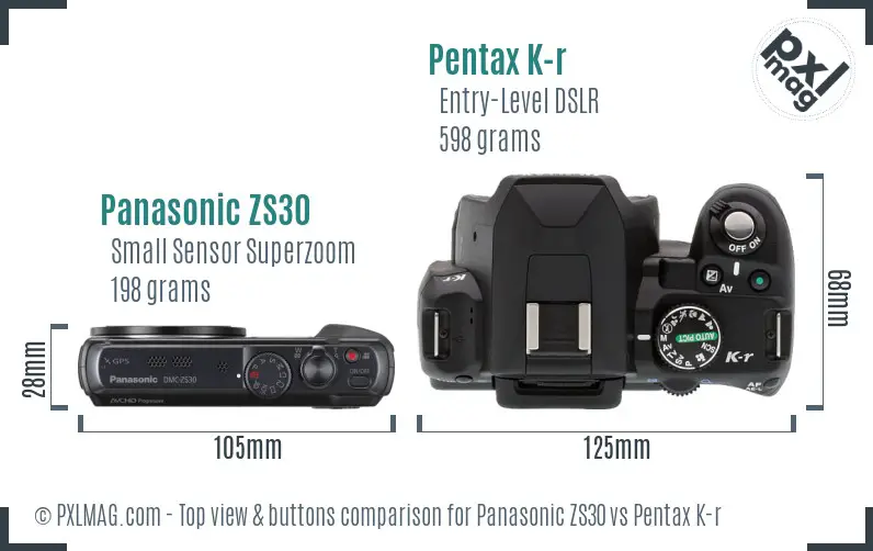 Panasonic ZS30 vs Pentax K-r top view buttons comparison