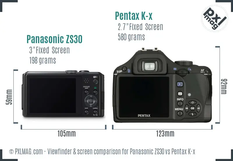 Panasonic ZS30 vs Pentax K-x Screen and Viewfinder comparison