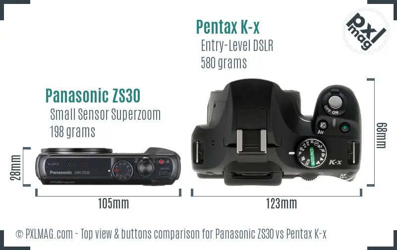 Panasonic ZS30 vs Pentax K-x top view buttons comparison