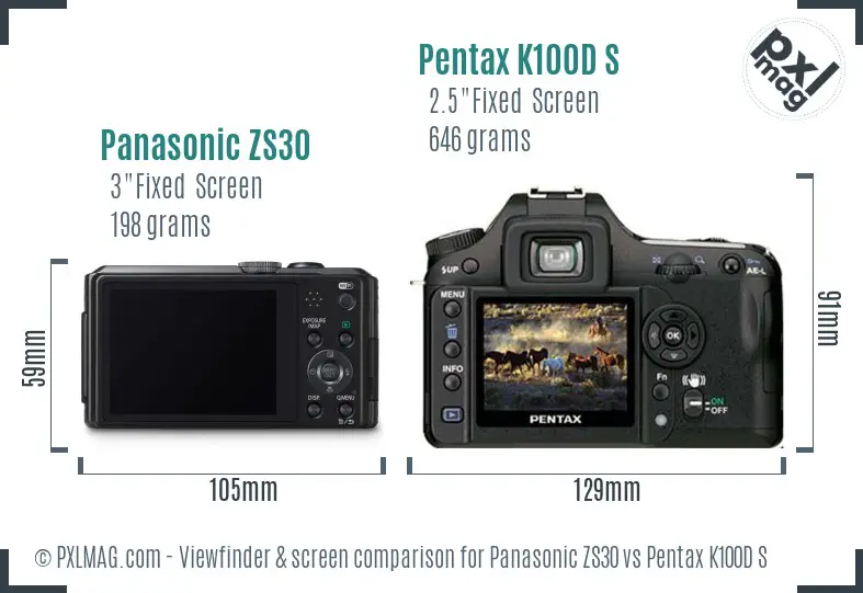 Panasonic ZS30 vs Pentax K100D S Screen and Viewfinder comparison