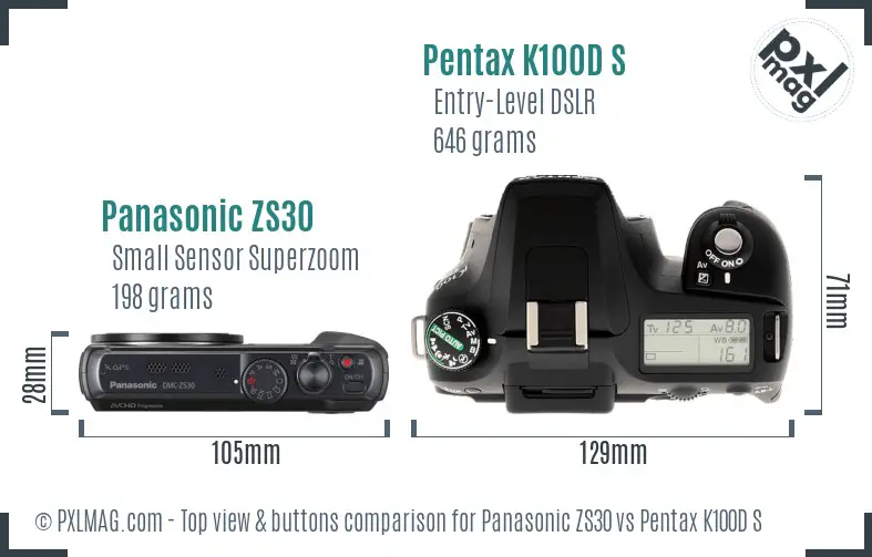 Panasonic ZS30 vs Pentax K100D S top view buttons comparison