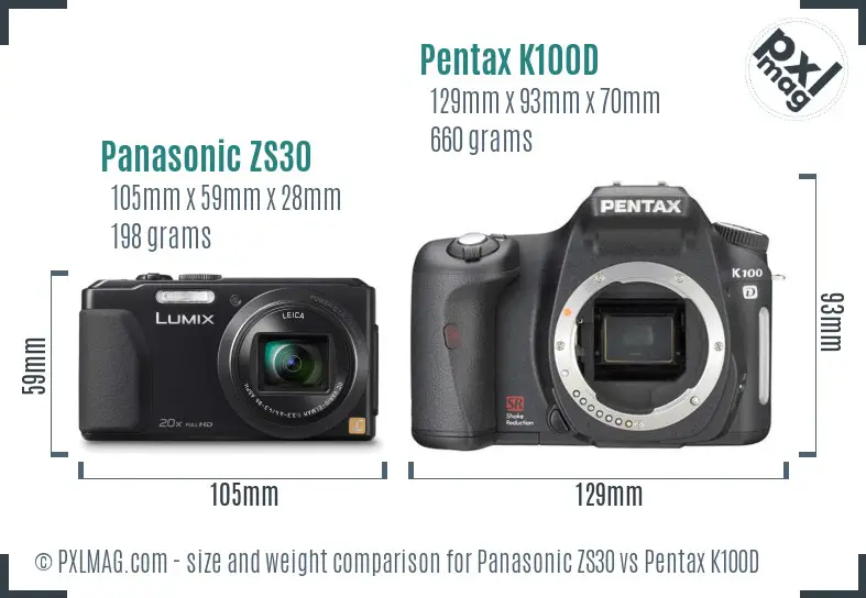 Panasonic ZS30 vs Pentax K100D size comparison
