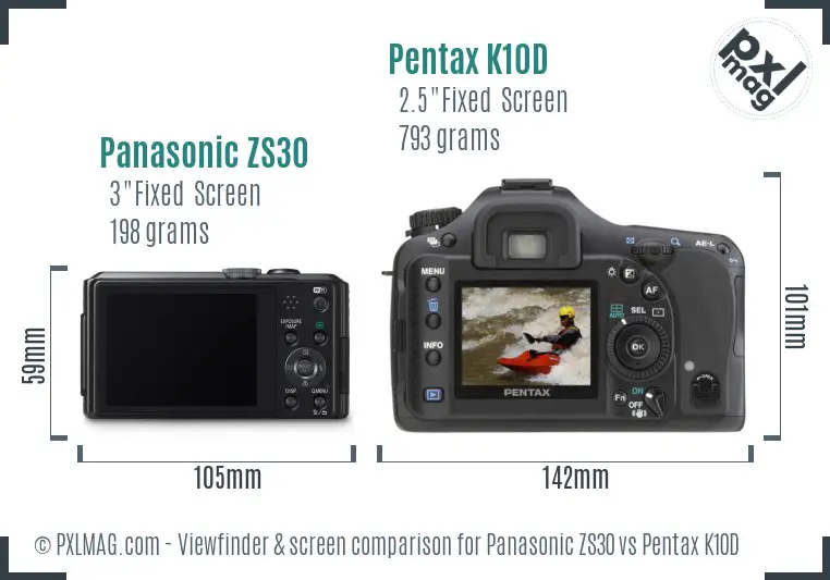 Panasonic ZS30 vs Pentax K10D Screen and Viewfinder comparison