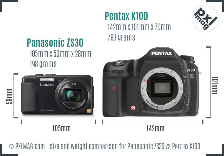 Panasonic ZS30 vs Pentax K10D size comparison