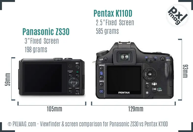 Panasonic ZS30 vs Pentax K110D Screen and Viewfinder comparison