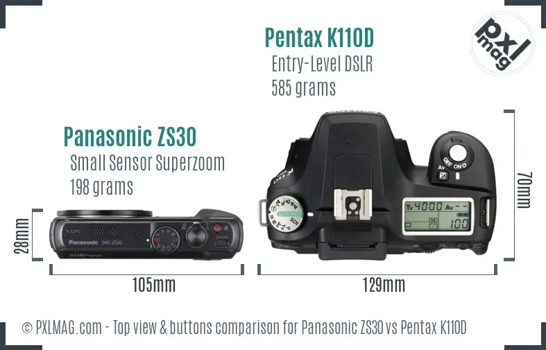 Panasonic ZS30 vs Pentax K110D top view buttons comparison