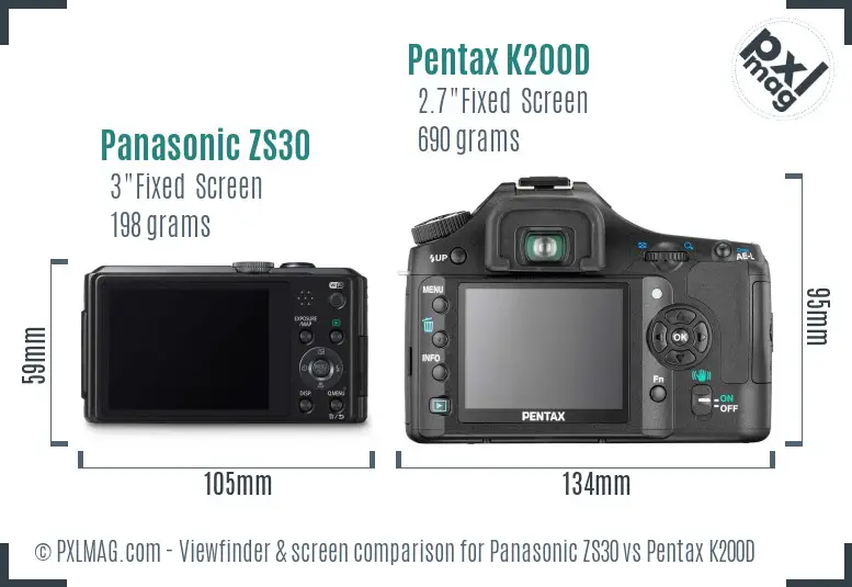 Panasonic ZS30 vs Pentax K200D Screen and Viewfinder comparison