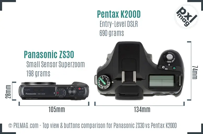 Panasonic ZS30 vs Pentax K200D top view buttons comparison