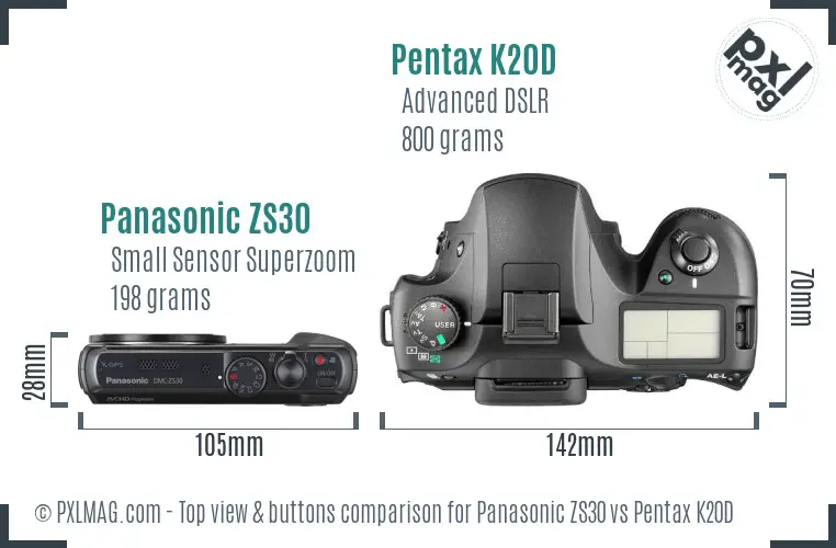 Panasonic ZS30 vs Pentax K20D top view buttons comparison