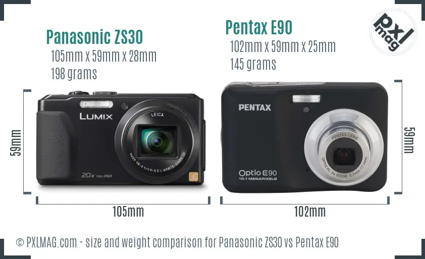 Panasonic ZS30 vs Pentax E90 size comparison