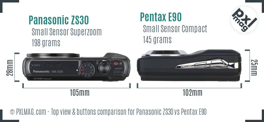 Panasonic ZS30 vs Pentax E90 top view buttons comparison