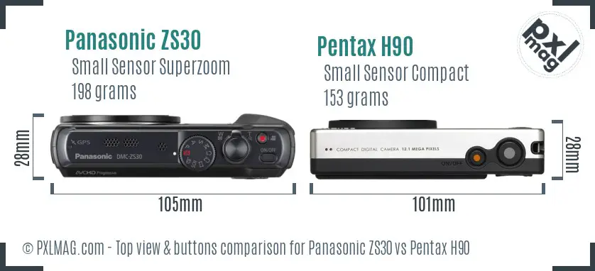 Panasonic ZS30 vs Pentax H90 top view buttons comparison