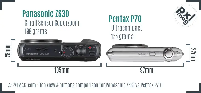 Panasonic ZS30 vs Pentax P70 top view buttons comparison