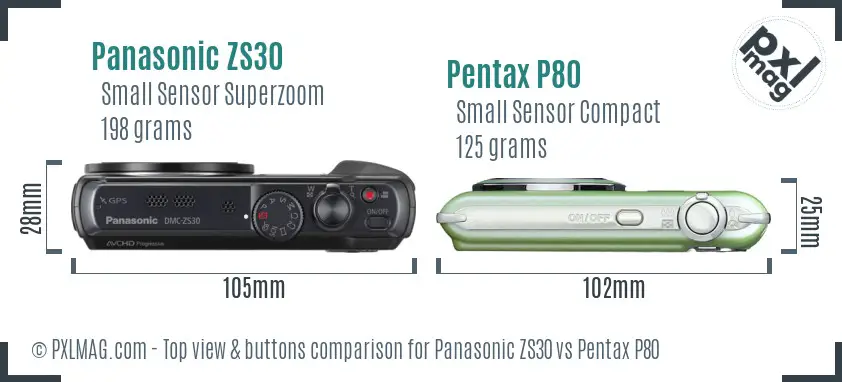 Panasonic ZS30 vs Pentax P80 top view buttons comparison