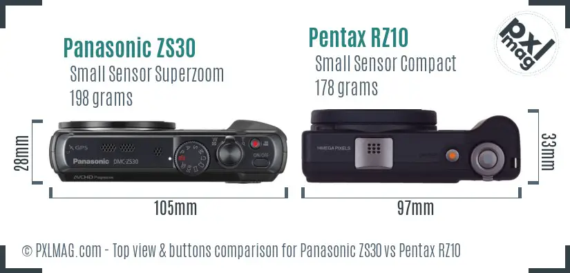 Panasonic ZS30 vs Pentax RZ10 top view buttons comparison