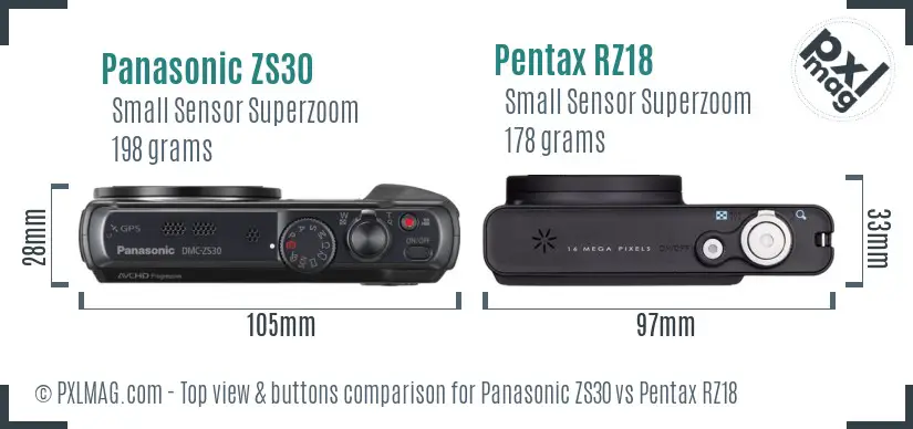 Panasonic ZS30 vs Pentax RZ18 top view buttons comparison