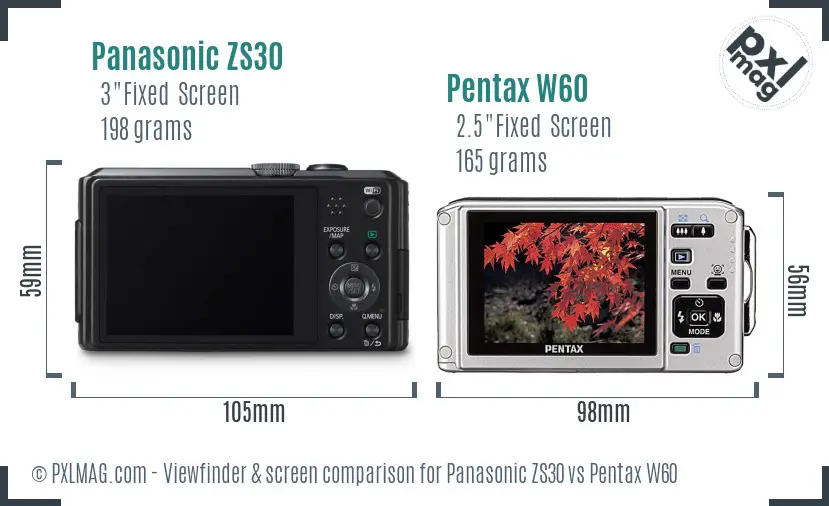 Panasonic ZS30 vs Pentax W60 Screen and Viewfinder comparison