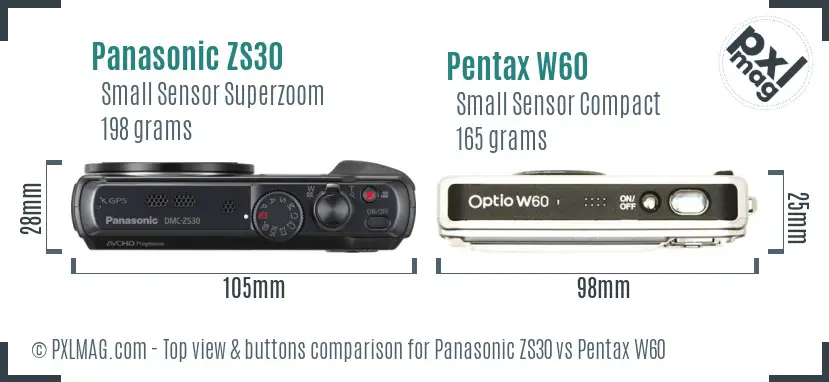 Panasonic ZS30 vs Pentax W60 top view buttons comparison