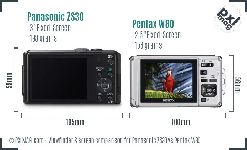 Panasonic ZS30 vs Pentax W80 Screen and Viewfinder comparison