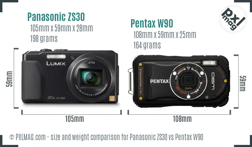 Panasonic ZS30 vs Pentax W90 size comparison
