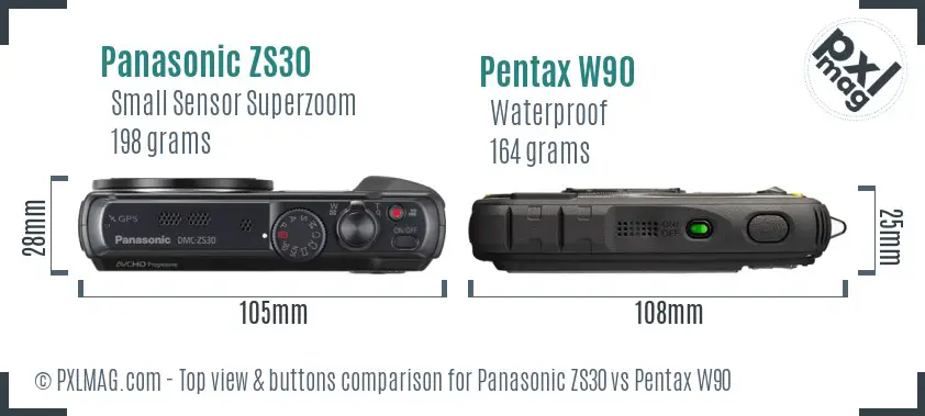Panasonic ZS30 vs Pentax W90 top view buttons comparison