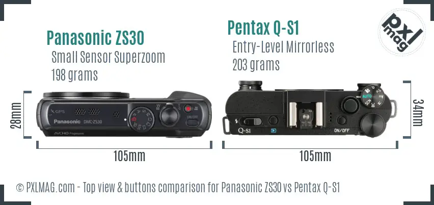 Panasonic ZS30 vs Pentax Q-S1 top view buttons comparison