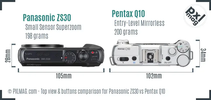Panasonic ZS30 vs Pentax Q10 top view buttons comparison