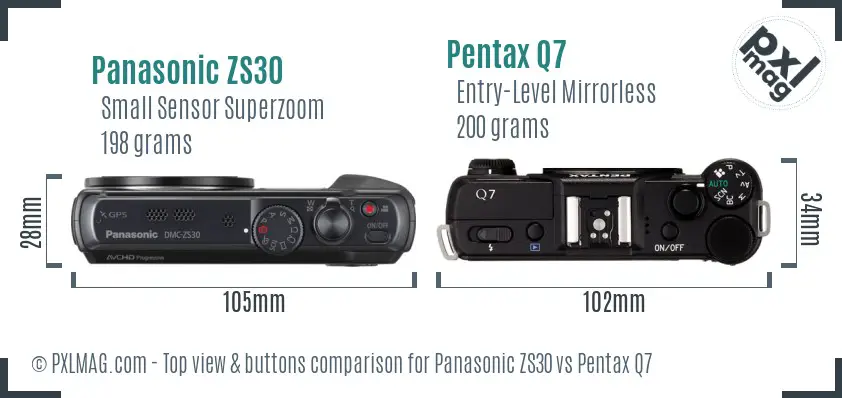 Panasonic ZS30 vs Pentax Q7 top view buttons comparison