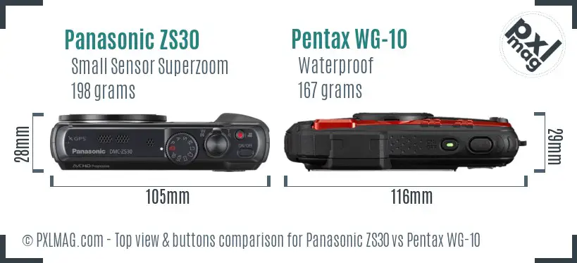 Panasonic ZS30 vs Pentax WG-10 top view buttons comparison