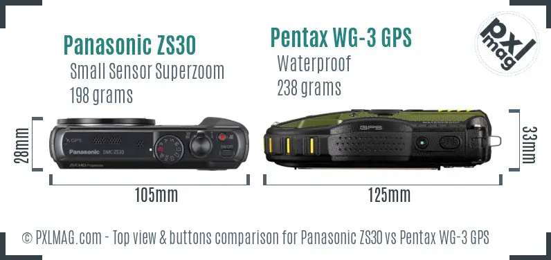 Panasonic ZS30 vs Pentax WG-3 GPS top view buttons comparison Panasonic ZS30 vs Pentax WG-3 GPS top view buttons comparison