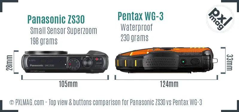 Panasonic ZS30 vs Pentax WG-3 top view buttons comparison Panasonic ZS30 vs Pentax WG-3 top view buttons comparison