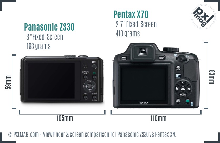 Panasonic ZS30 vs Pentax X70 Screen and Viewfinder comparison