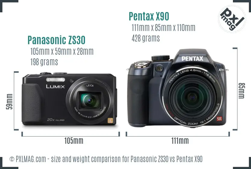 Panasonic ZS30 vs Pentax X90 size comparison